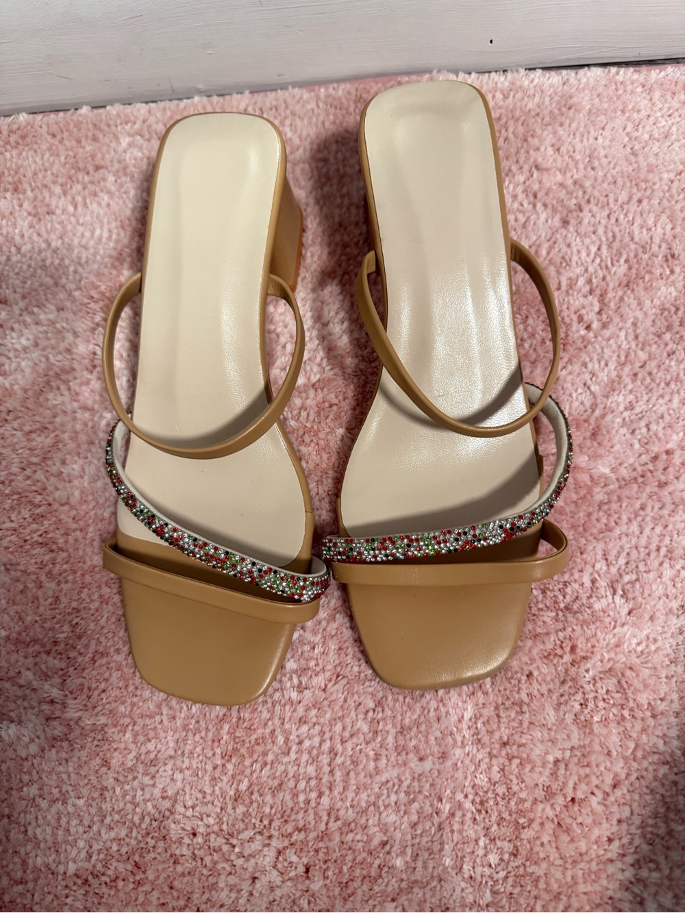 & Other Stories Tan Strappy Block Heel Sandals with Multicolor Rhinestones